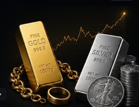 A gold bar, silver bar, gold chain, ring, and coins